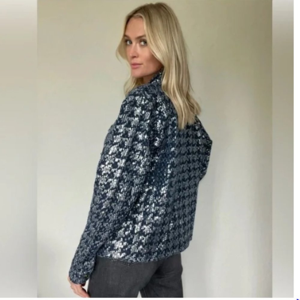 NWt Six/Fifty Sequin Denim Herringbone Jacket Dark Blue Silver XS Oversized - Picture 3 of 5